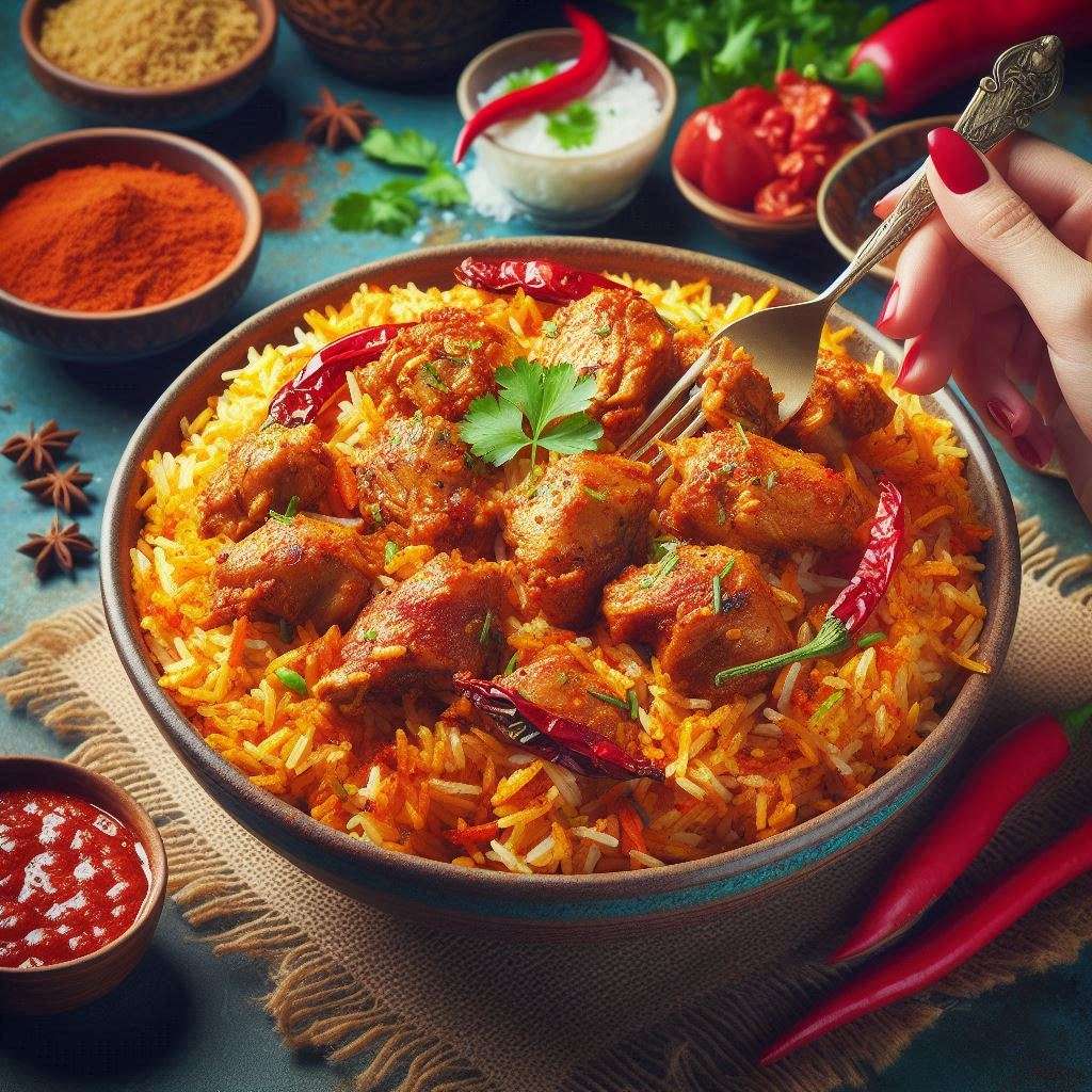 Biryani Lovers Enjoy Eating Spicy Chicken Chunks