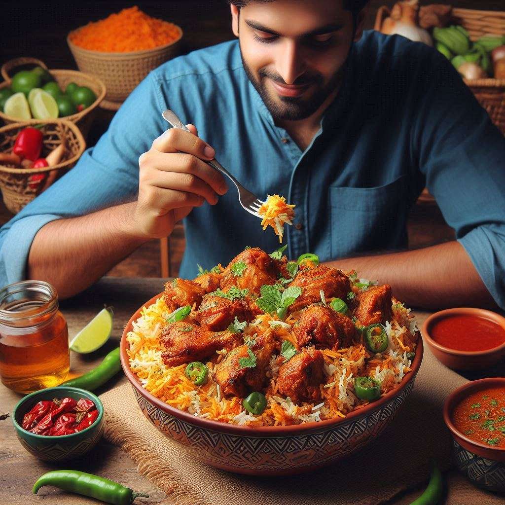 Biryani Lovers Enjoy Eating Spicy Chicken Chunks